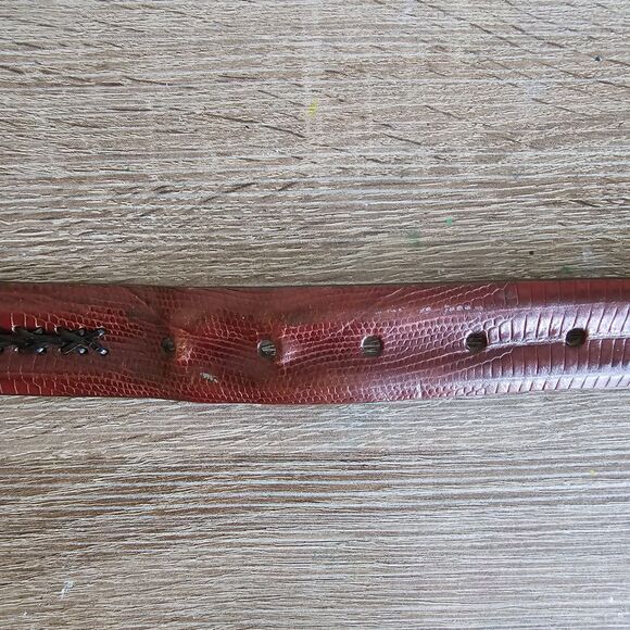 Croc Leather Belt Size 36 Unisex Brown Black Woven Stripe Silver Buckle - Picture 2 of 5